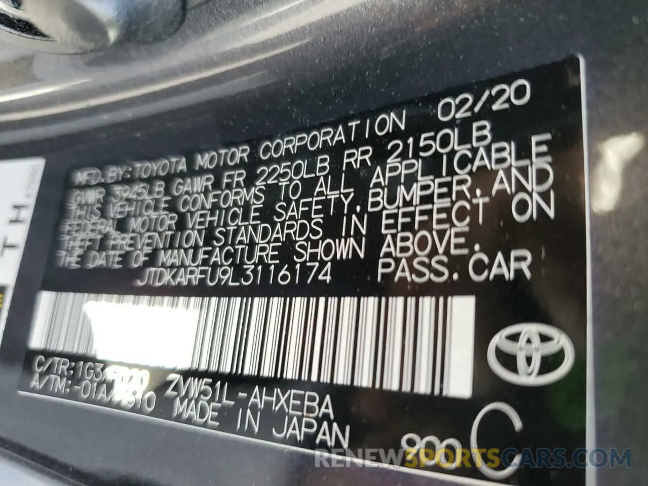 12 Photograph of a damaged car JTDKARFU9L3116174 TOYOTA PRIUS 2020