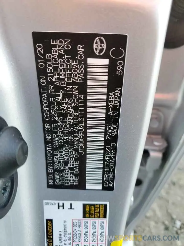 12 Photograph of a damaged car JTDKARFUXL3111114 TOYOTA PRIUS 2020