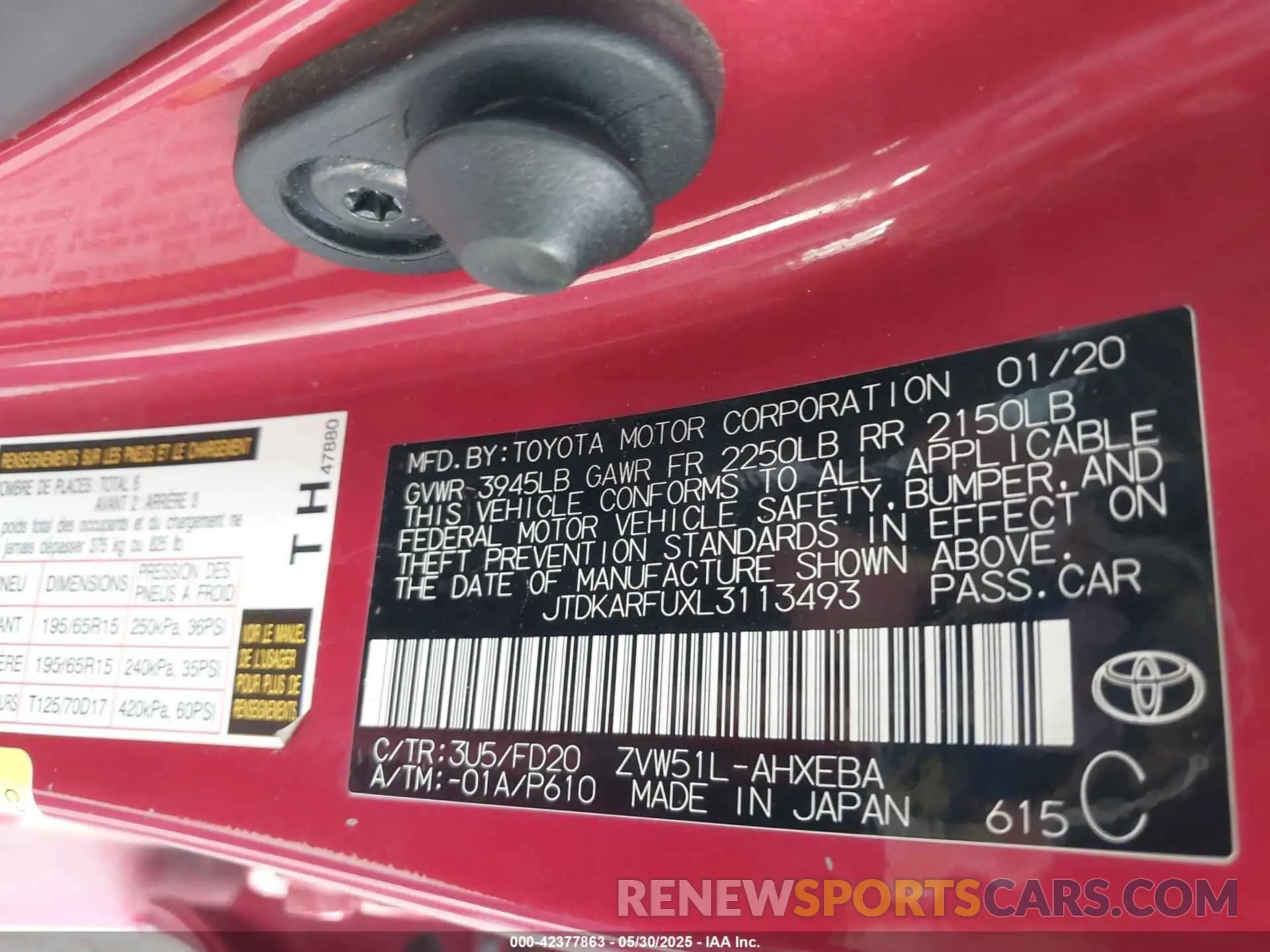 9 Photograph of a damaged car JTDKARFUXL3113493 TOYOTA PRIUS 2020