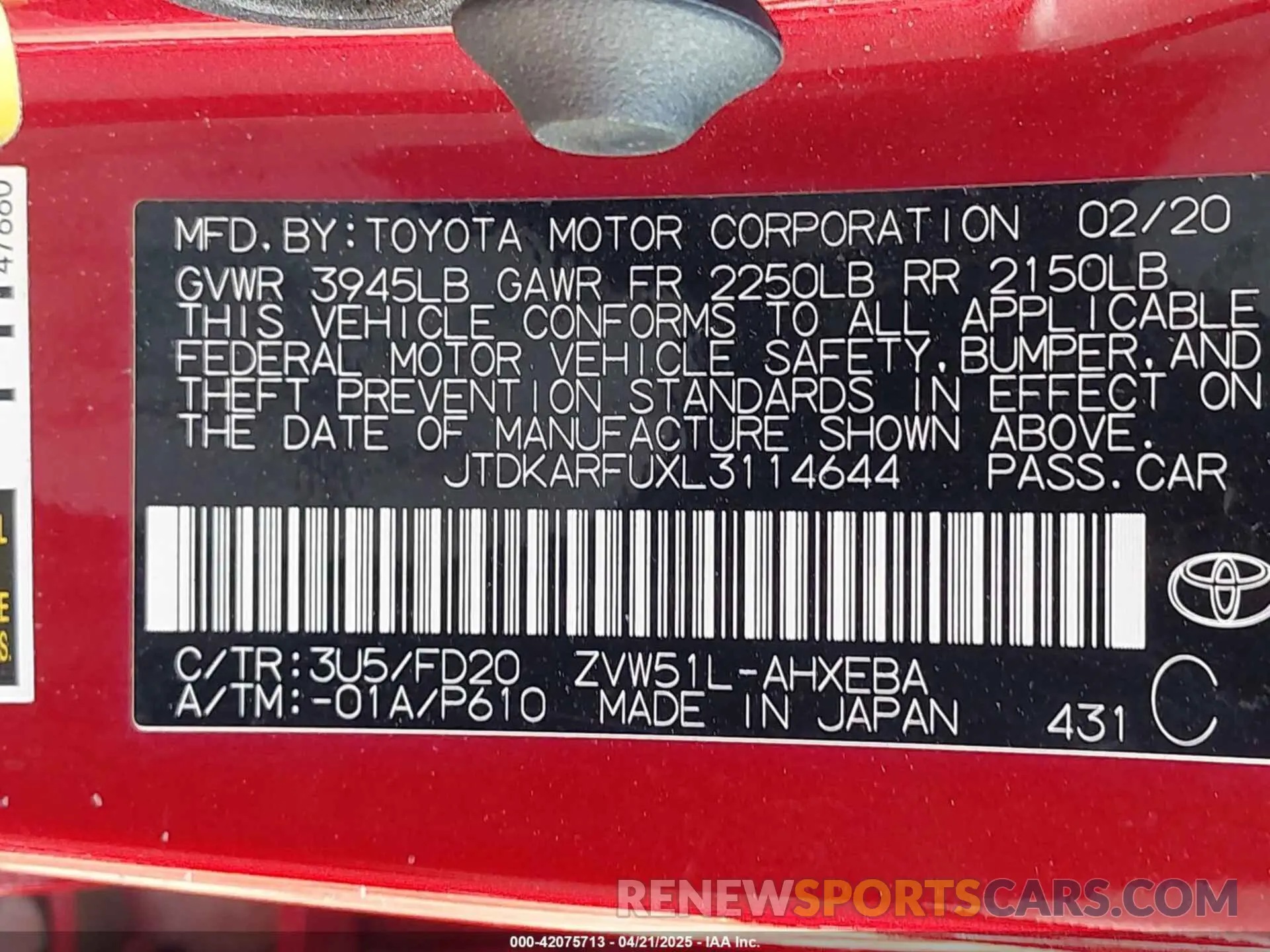 9 Photograph of a damaged car JTDKARFUXL3114644 TOYOTA PRIUS 2020