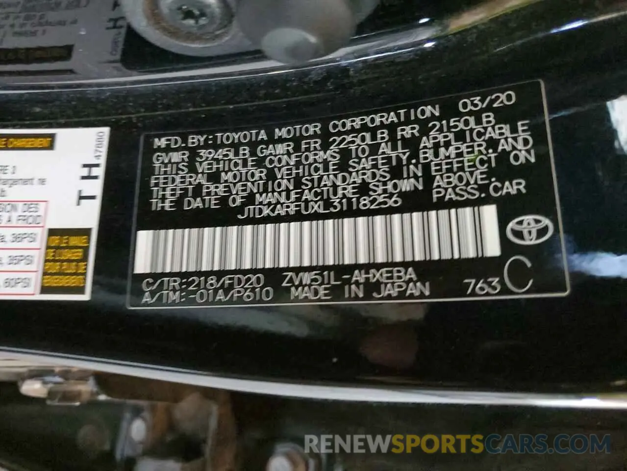 14 Photograph of a damaged car JTDKARFUXL3118256 TOYOTA PRIUS 2020