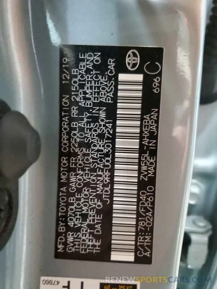 12 Photograph of a damaged car JTDL9RFU0L3017241 TOYOTA PRIUS 2020
