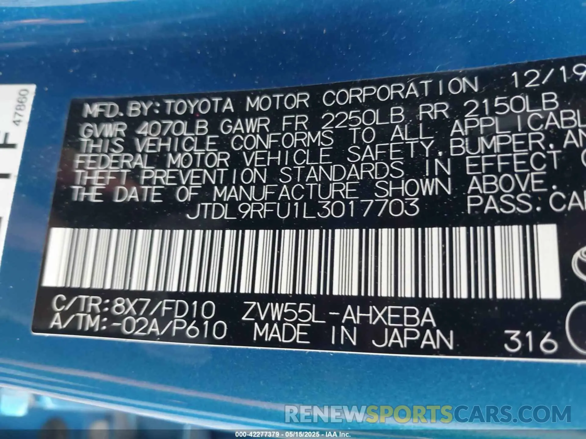 9 Photograph of a damaged car JTDL9RFU1L3017703 TOYOTA PRIUS 2020