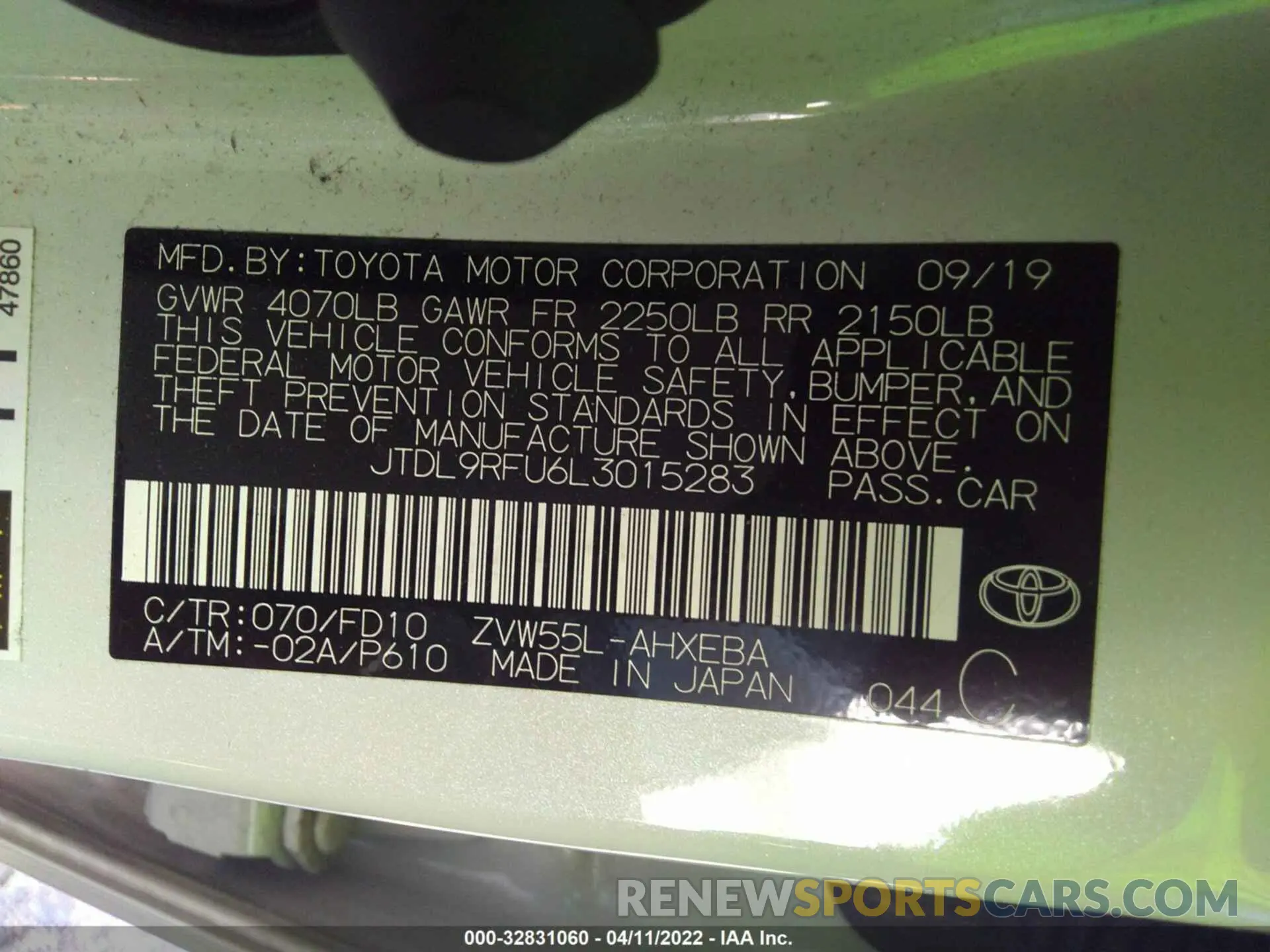 9 Photograph of a damaged car JTDL9RFU6L3015283 TOYOTA PRIUS 2020