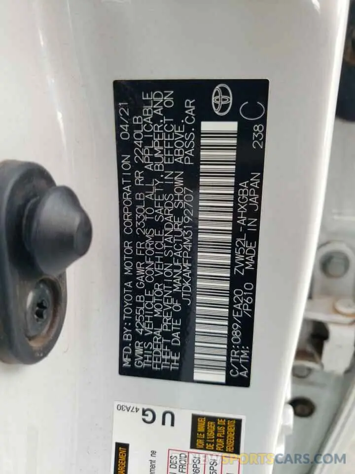 12 Photograph of a damaged car JTDKAMFP4M3192707 TOYOTA PRIUS 2021