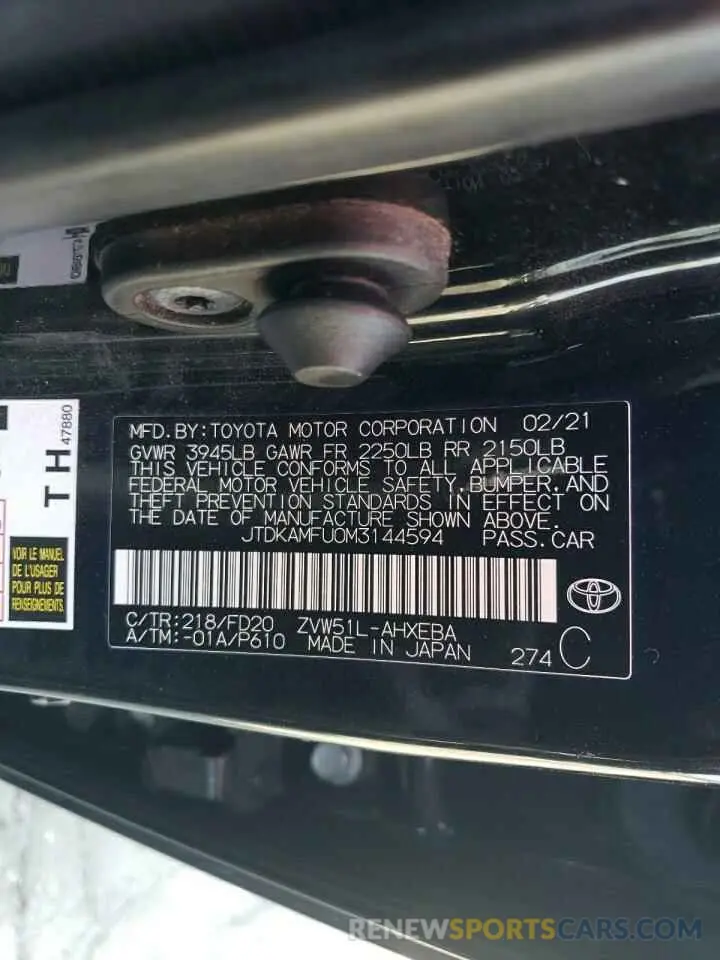 12 Photograph of a damaged car JTDKAMFU0M3144594 TOYOTA PRIUS 2021