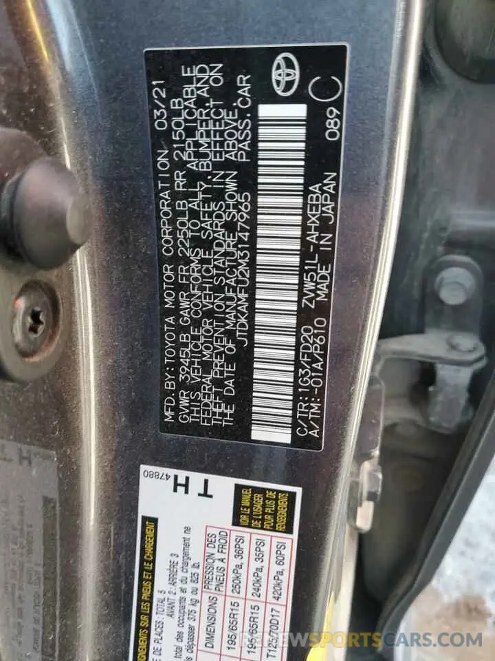 13 Photograph of a damaged car JTDKAMFU2M3147965 TOYOTA PRIUS 2021