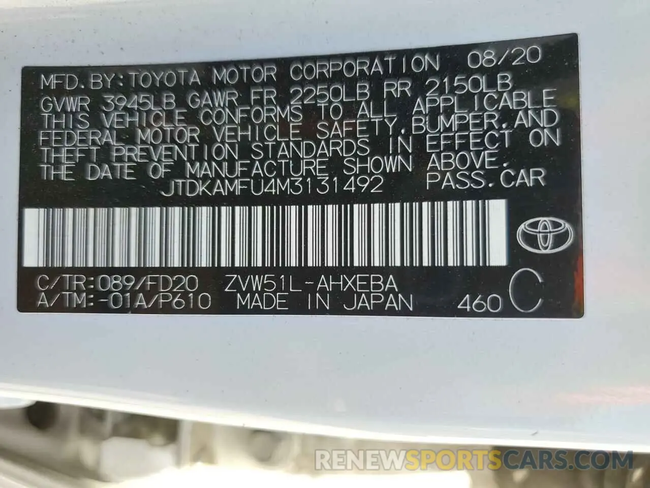 13 Photograph of a damaged car JTDKAMFU4M3131492 TOYOTA PRIUS 2021