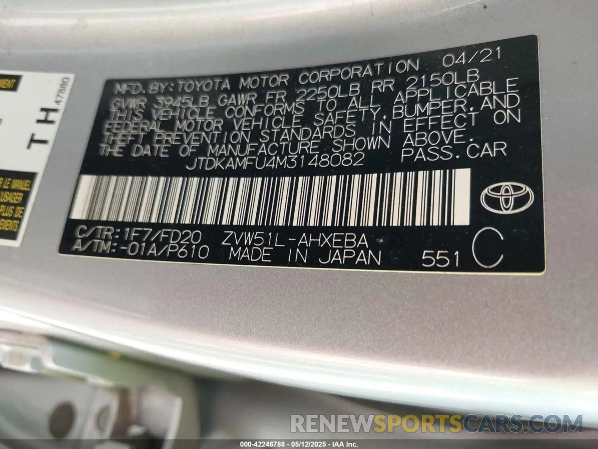 9 Photograph of a damaged car JTDKAMFU4M3148082 TOYOTA PRIUS 2021