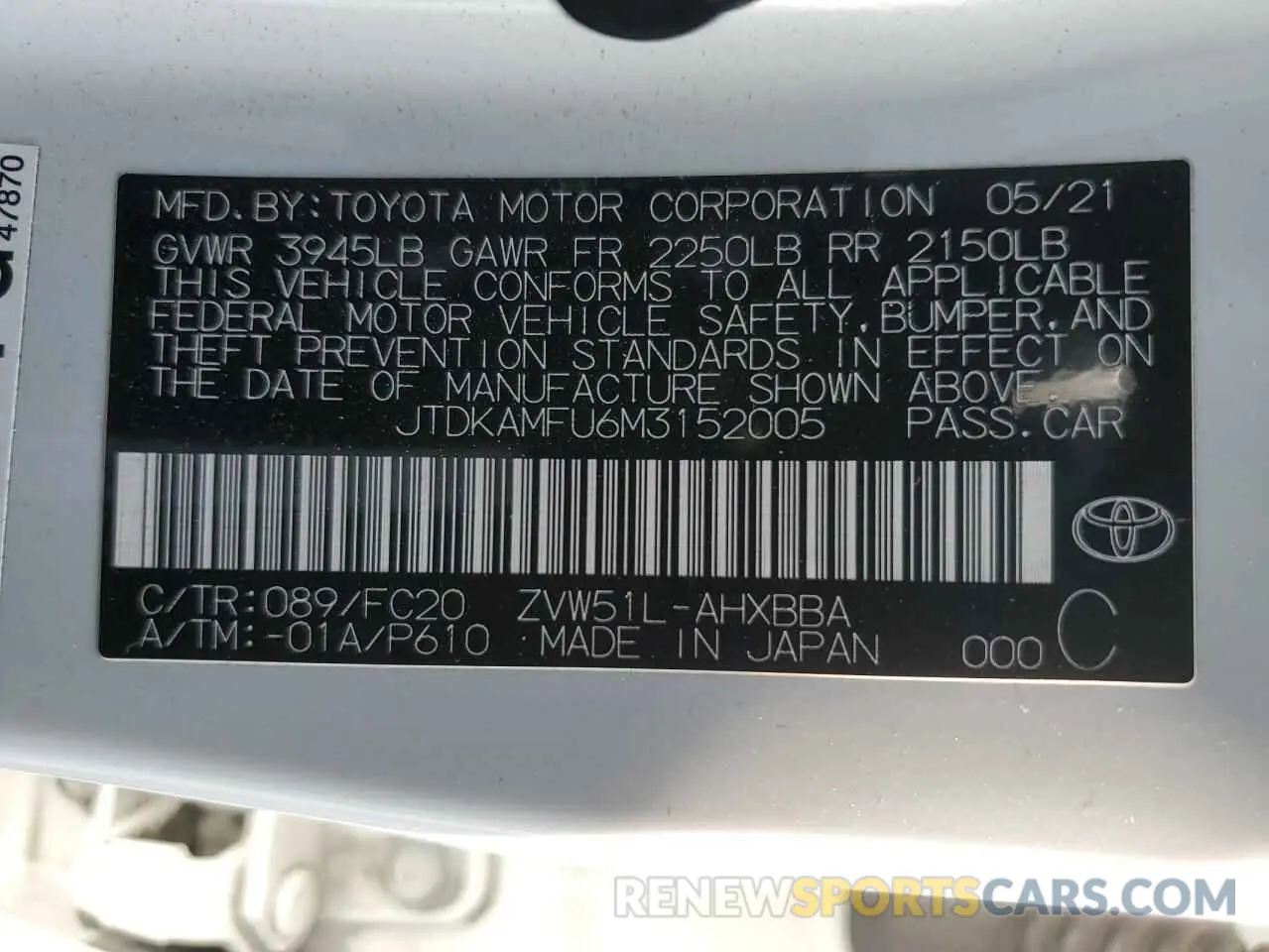 12 Photograph of a damaged car JTDKAMFU6M3152005 TOYOTA PRIUS 2021