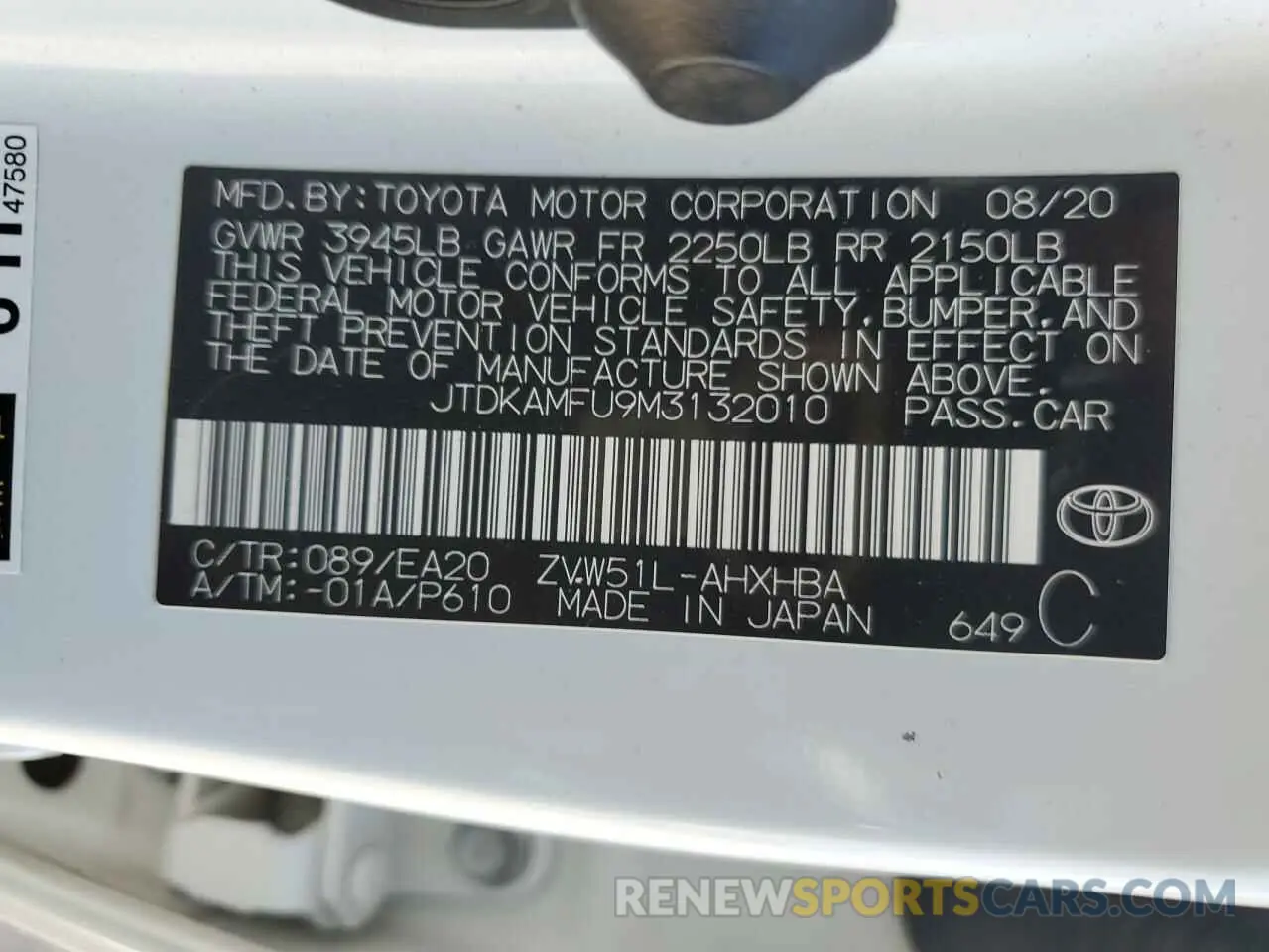 12 Photograph of a damaged car JTDKAMFU9M3132010 TOYOTA PRIUS 2021