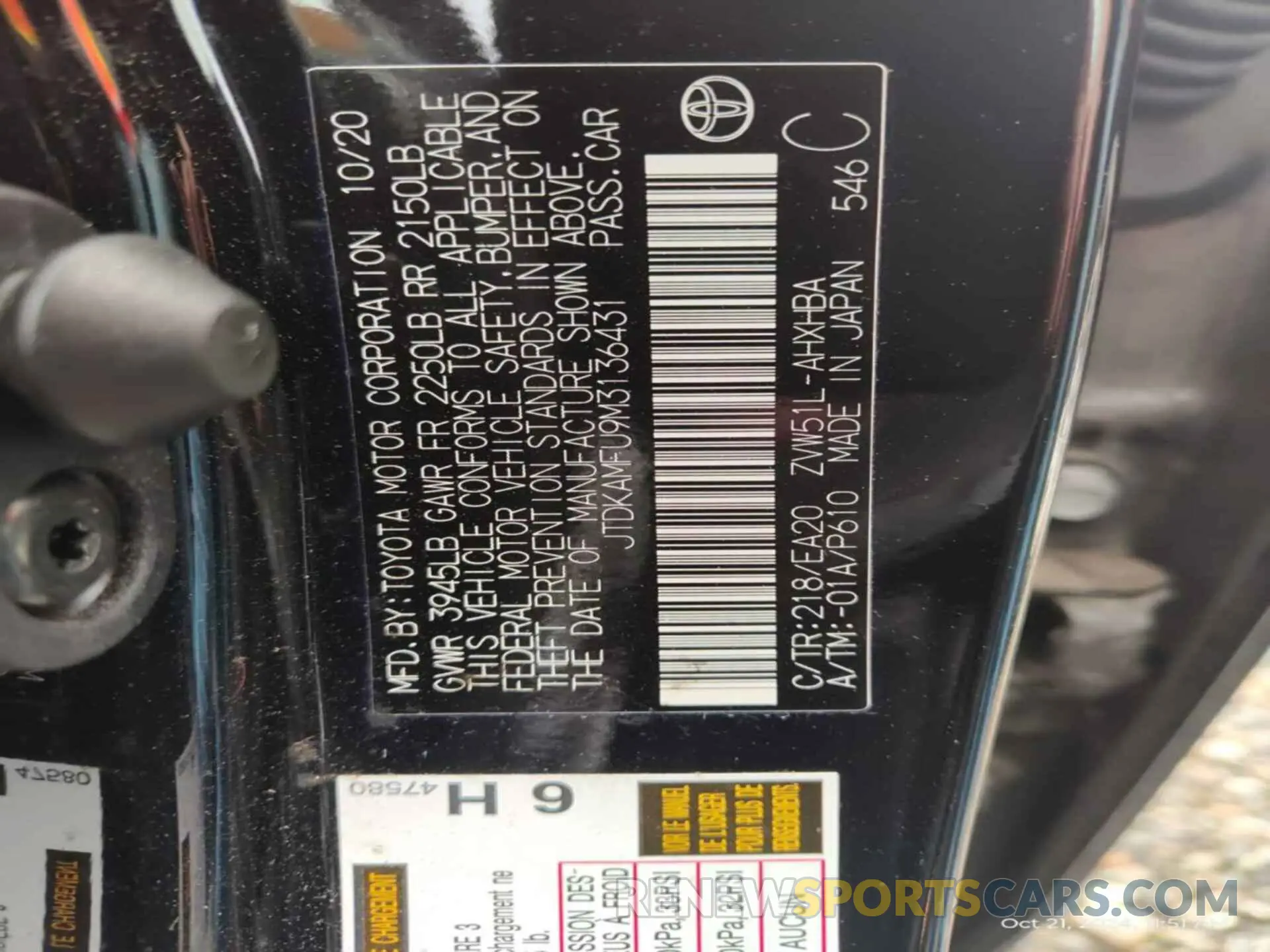 20 Photograph of a damaged car JTDKAMFU9M3136431 TOYOTA PRIUS 2021
