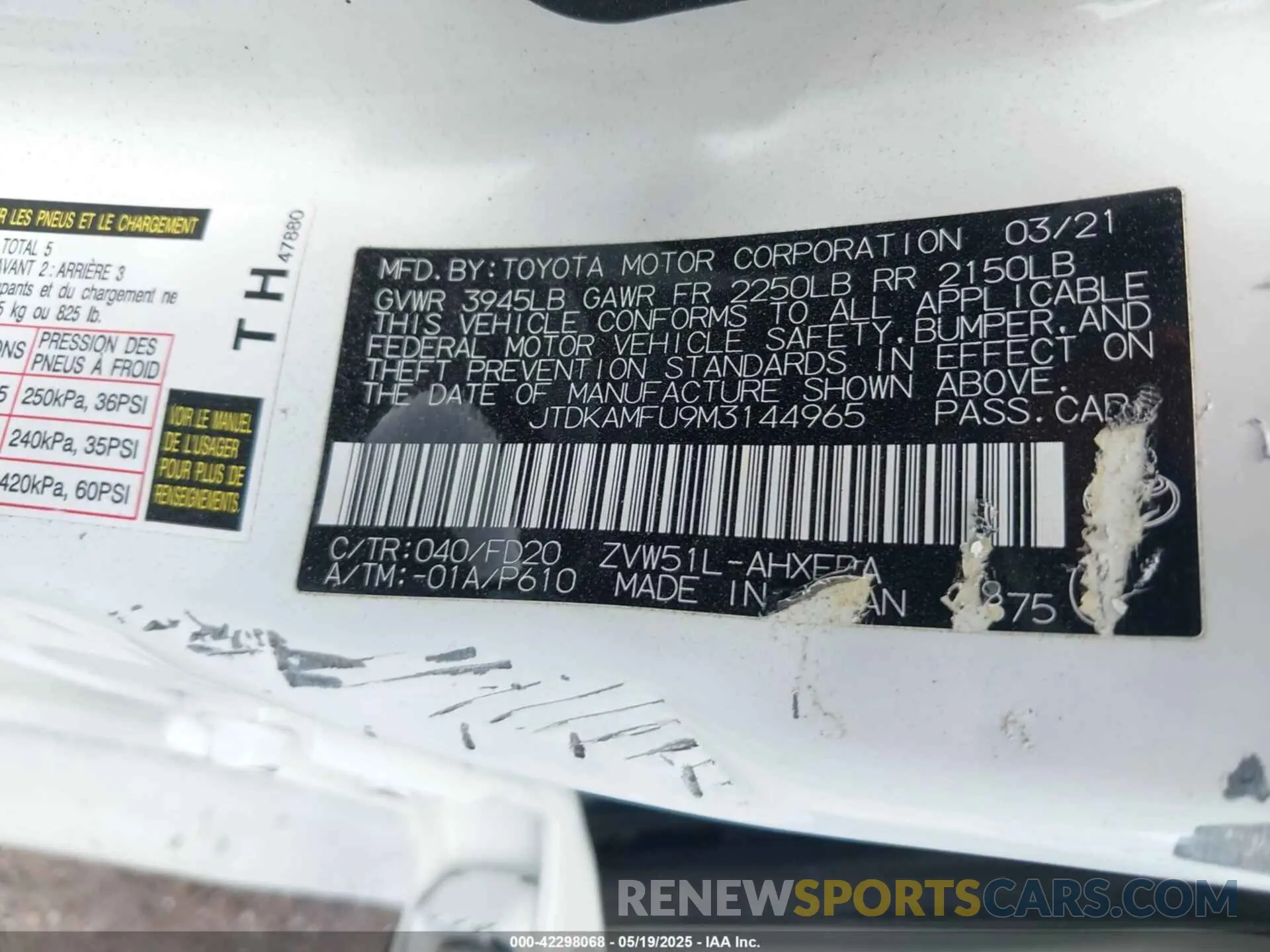9 Photograph of a damaged car JTDKAMFU9M3144965 TOYOTA PRIUS 2021