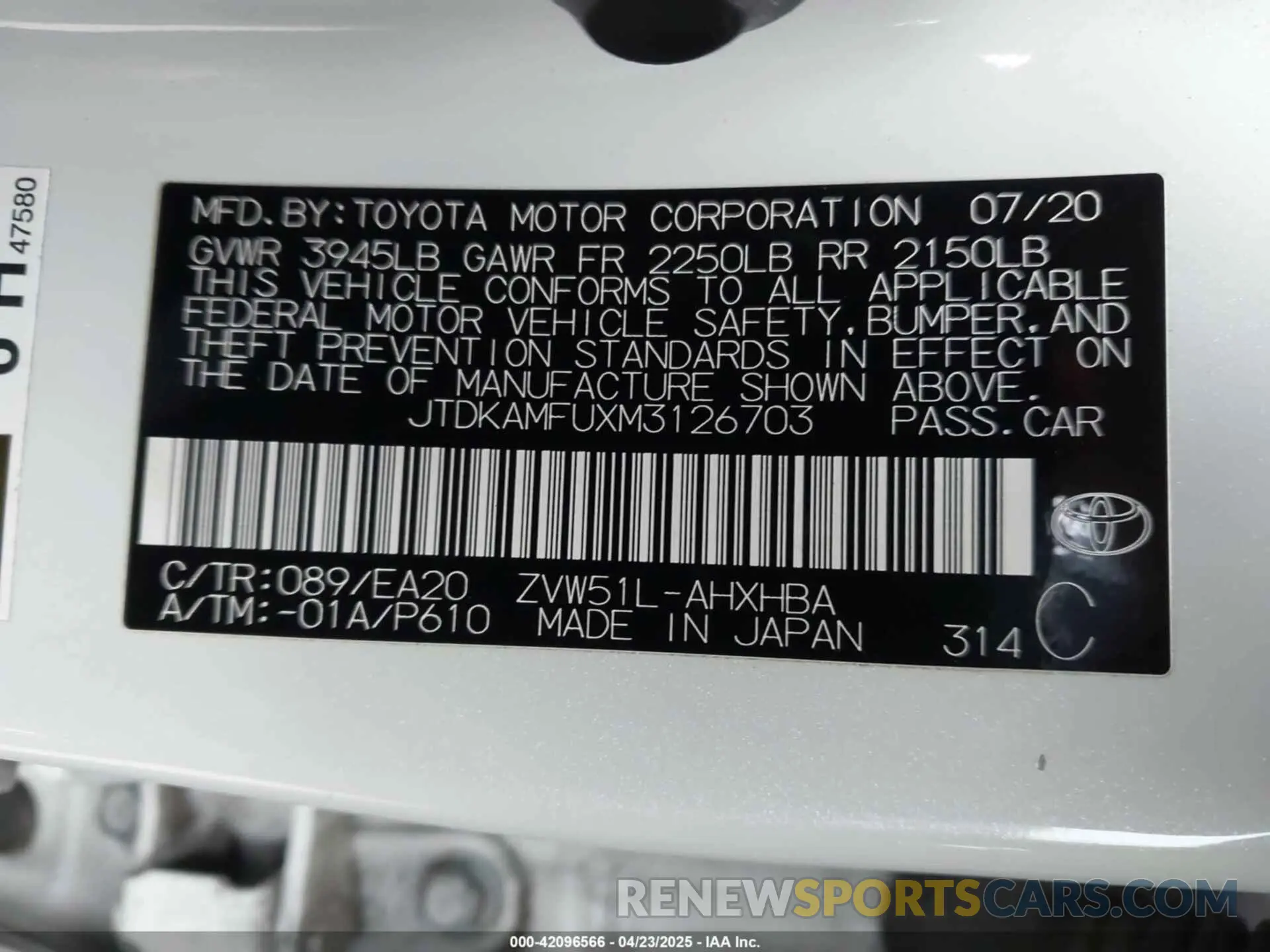 9 Photograph of a damaged car JTDKAMFUXM3126703 TOYOTA PRIUS 2021