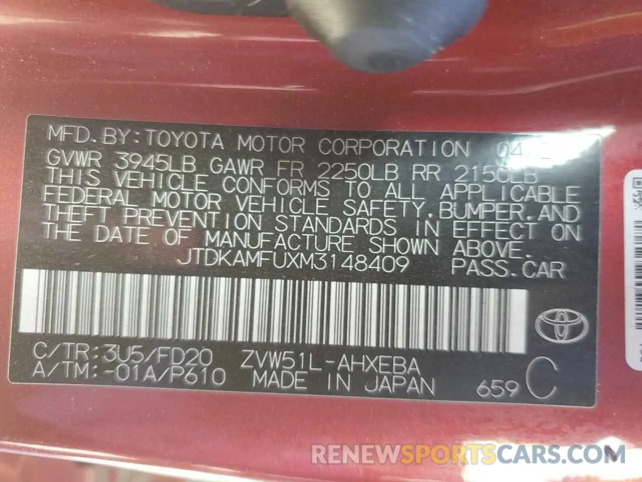 12 Photograph of a damaged car JTDKAMFUXM3148409 TOYOTA PRIUS 2021