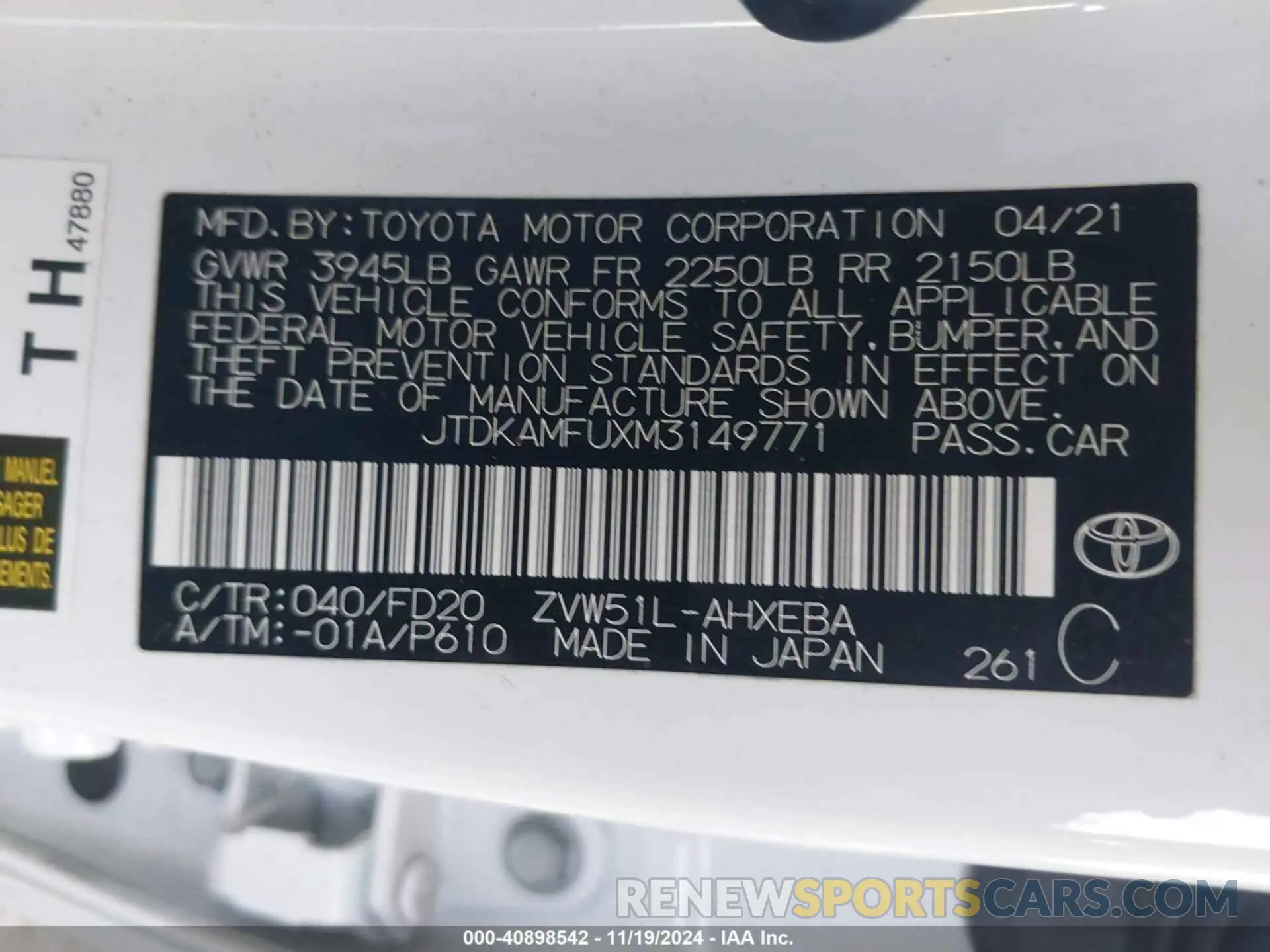 9 Photograph of a damaged car JTDKAMFUXM3149771 TOYOTA PRIUS 2021