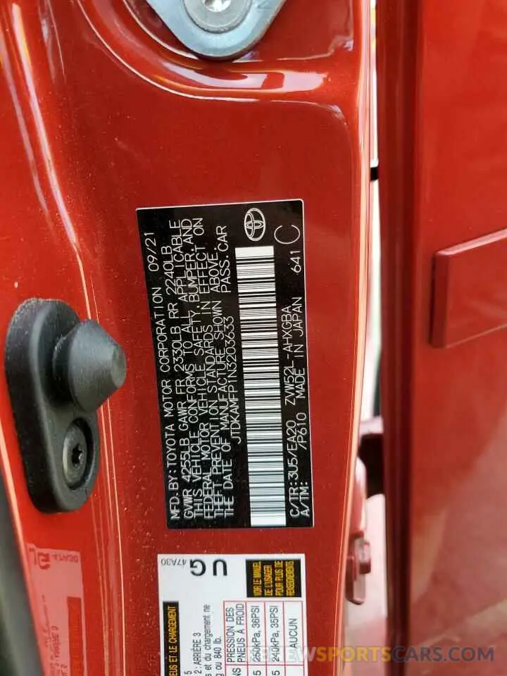 12 Photograph of a damaged car JTDKAMFP1N3203633 TOYOTA PRIUS 2022