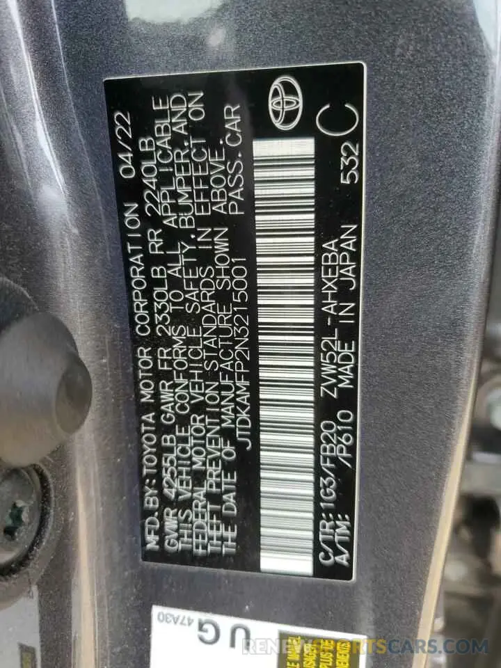13 Photograph of a damaged car JTDKAMFP2N3215001 TOYOTA PRIUS 2022