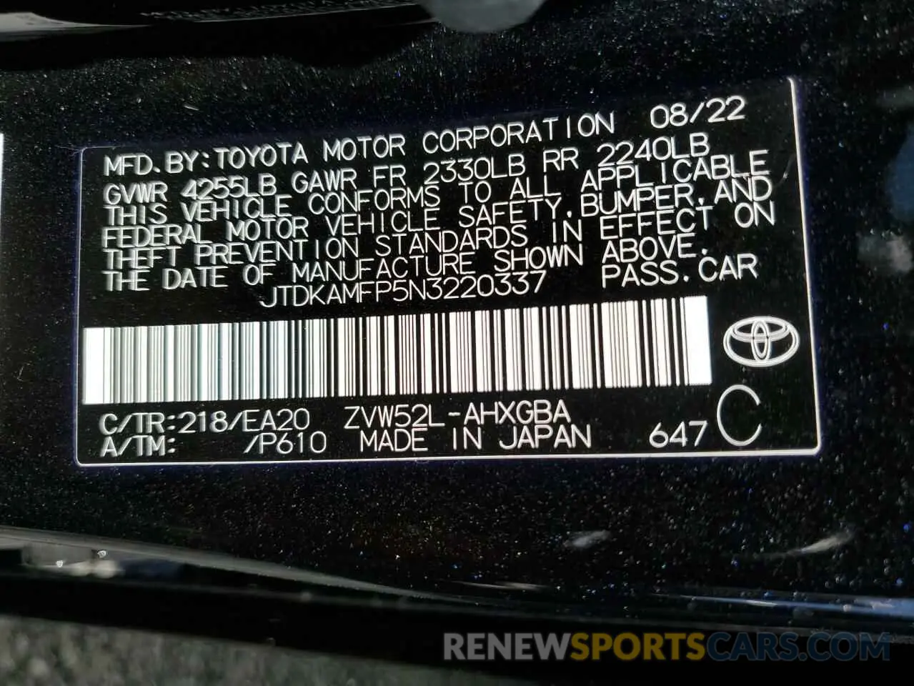 12 Photograph of a damaged car JTDKAMFP5N3220337 TOYOTA PRIUS 2022