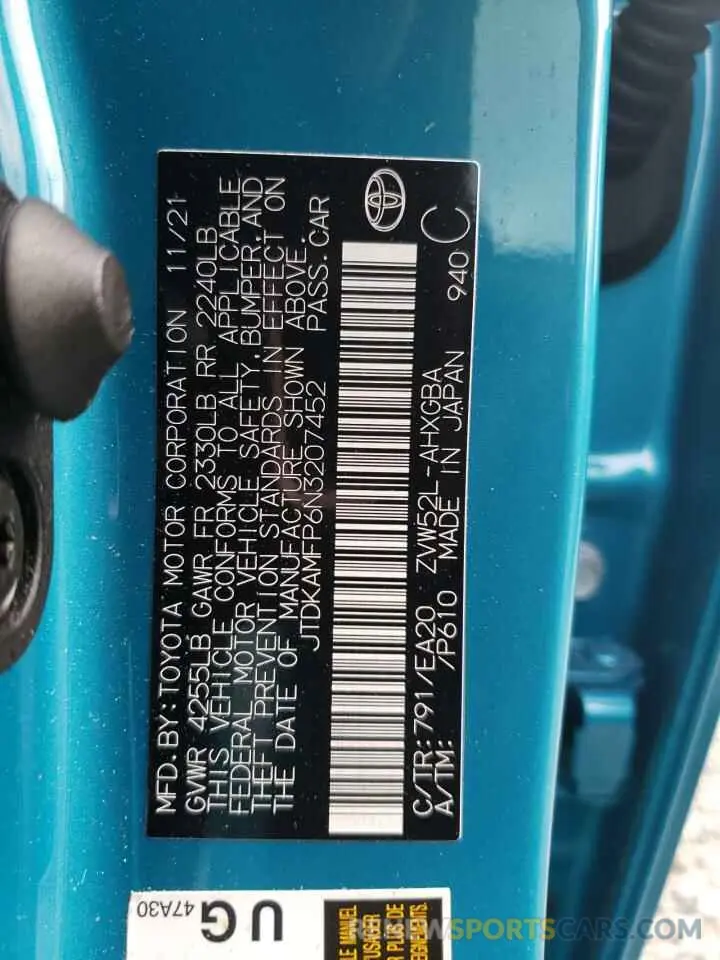 13 Photograph of a damaged car JTDKAMFP6N3207452 TOYOTA PRIUS 2022