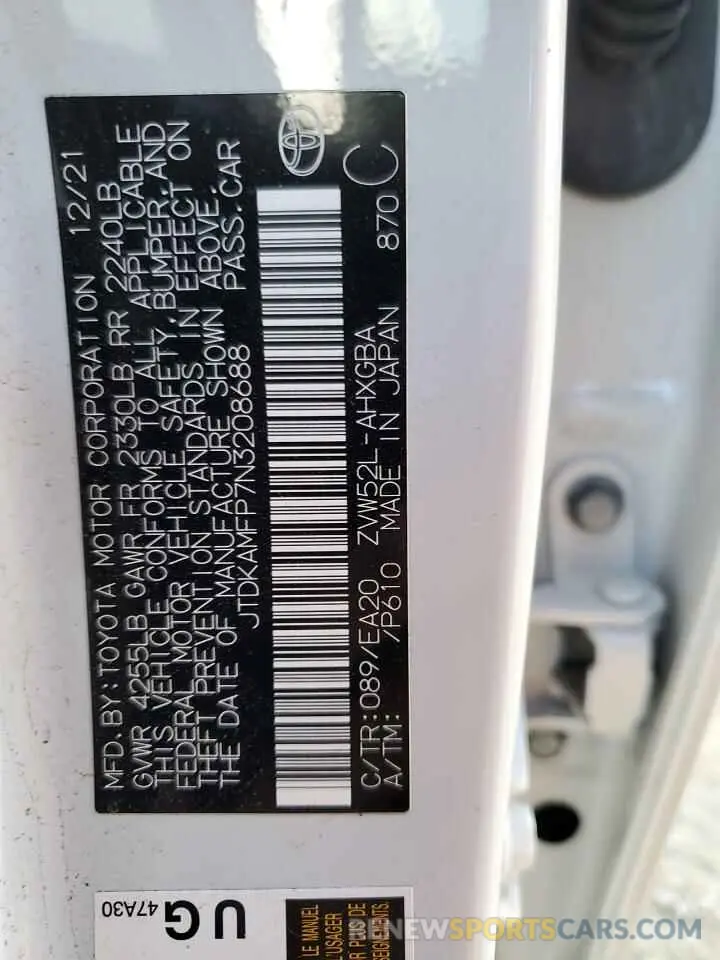 13 Photograph of a damaged car JTDKAMFP7N3208688 TOYOTA PRIUS 2022
