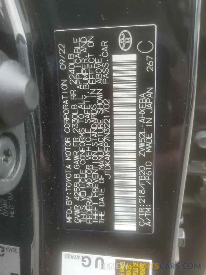 13 Photograph of a damaged car JTDKAMFP7N3221702 TOYOTA PRIUS 2022