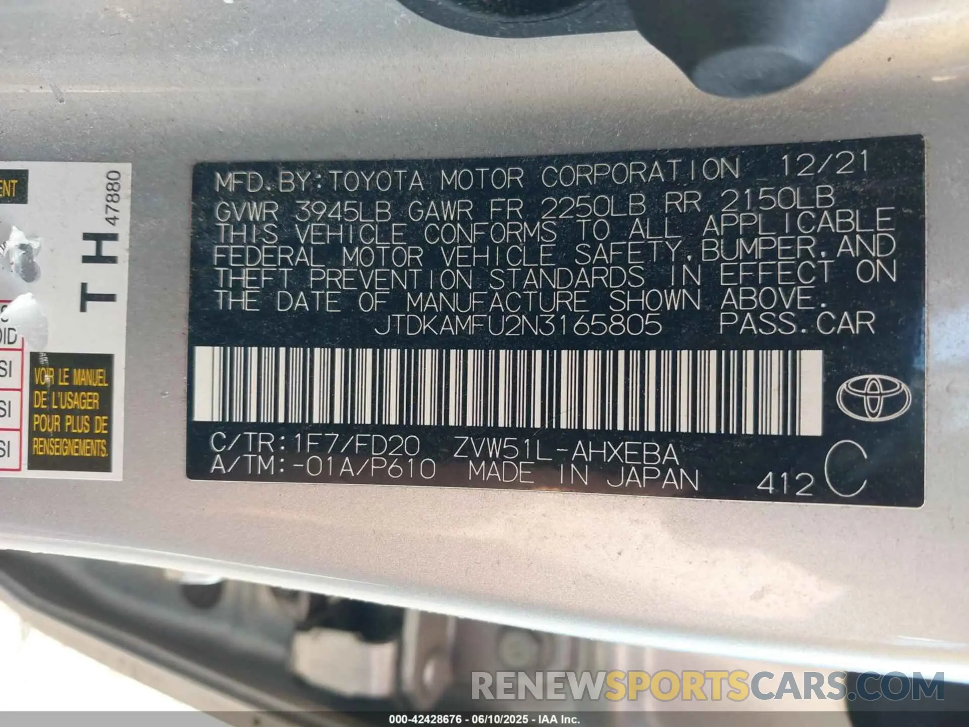 9 Photograph of a damaged car JTDKAMFU2N3165805 TOYOTA PRIUS 2022