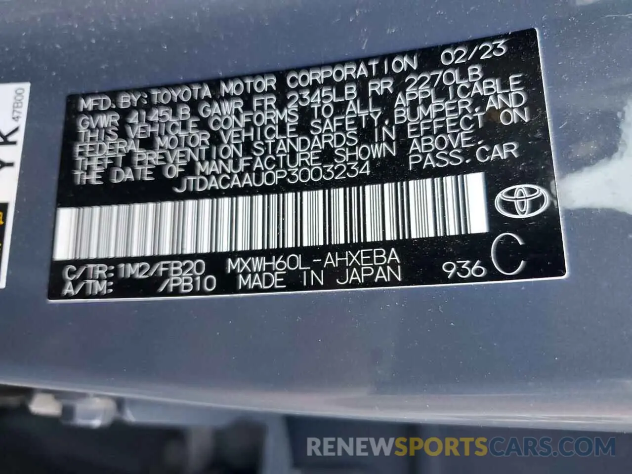 12 Photograph of a damaged car JTDACAAU0P3003234 TOYOTA PRIUS 2023