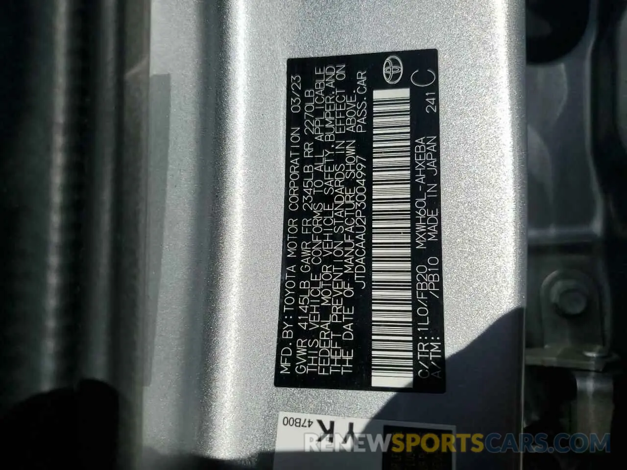 13 Photograph of a damaged car JTDACAAU2P3004997 TOYOTA PRIUS 2023