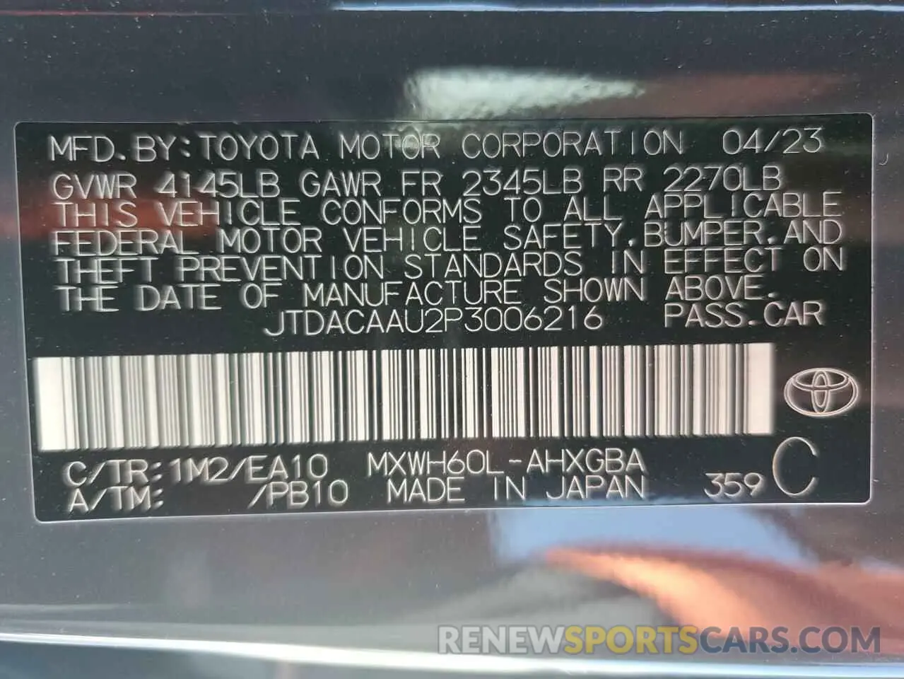 13 Photograph of a damaged car JTDACAAU2P3006216 TOYOTA PRIUS 2023