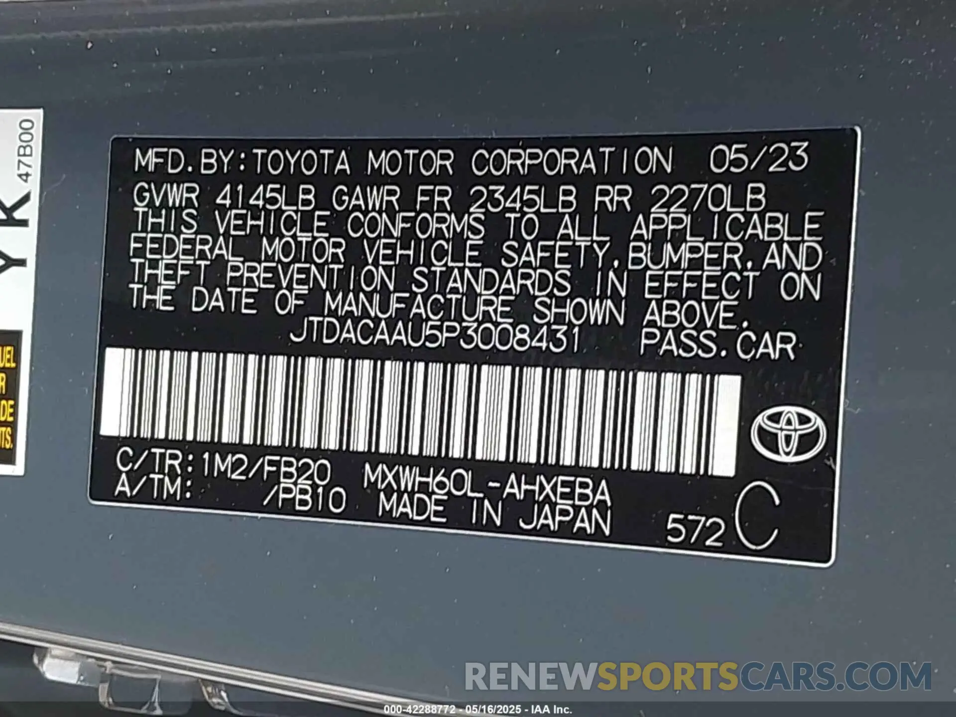 9 Photograph of a damaged car JTDACAAU5P3008431 TOYOTA PRIUS 2023