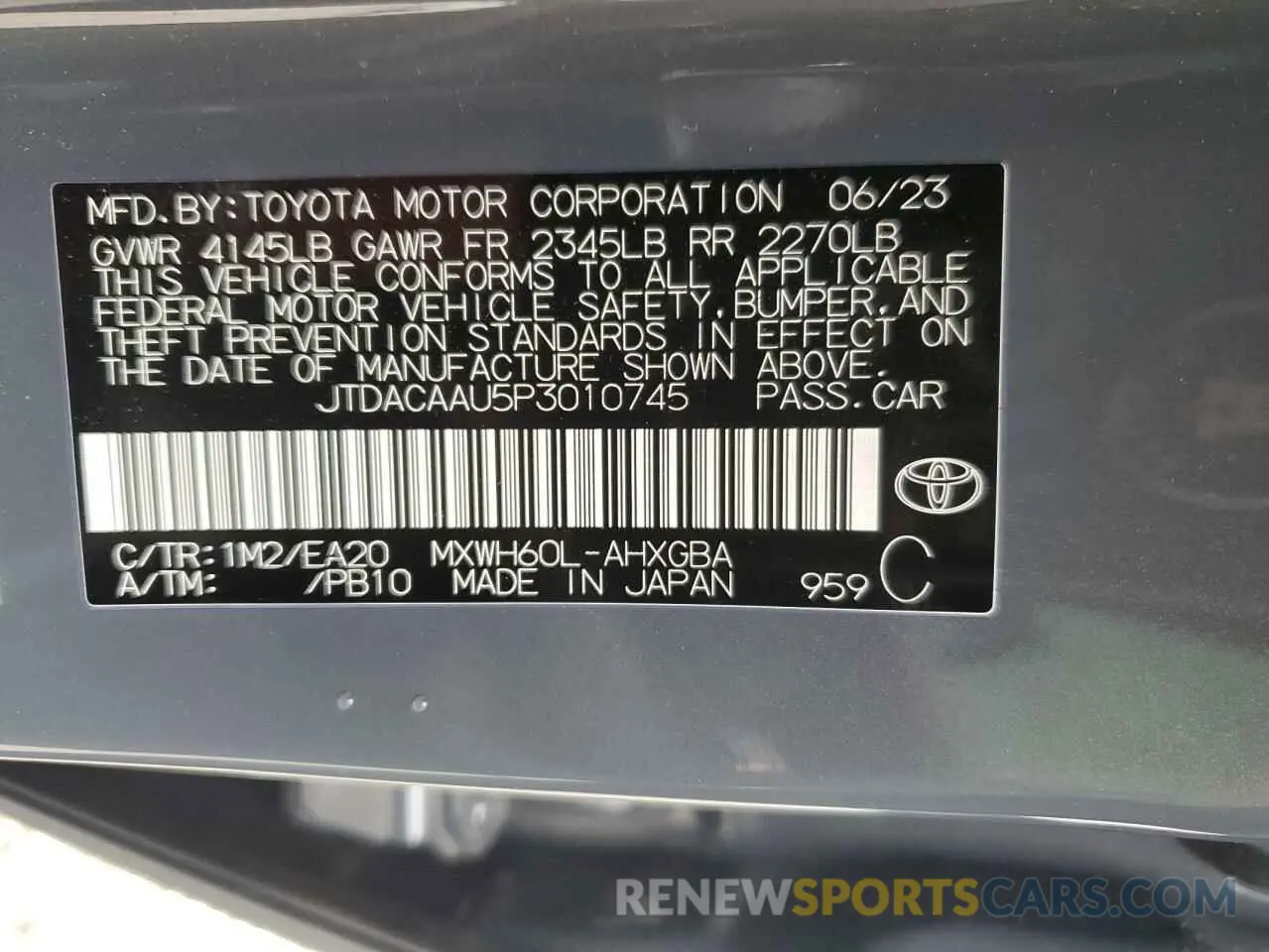 13 Photograph of a damaged car JTDACAAU5P3010745 TOYOTA PRIUS 2023