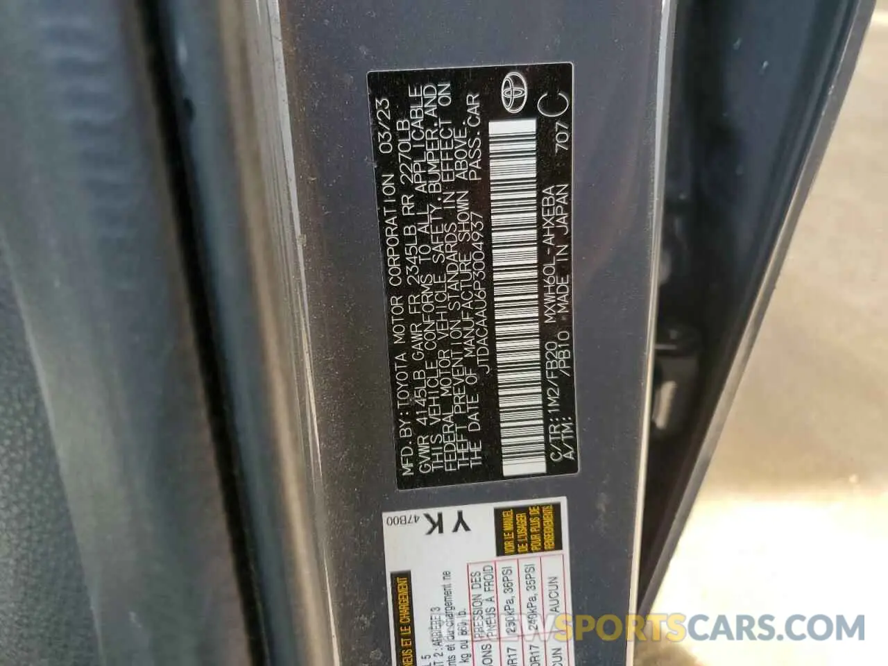13 Photograph of a damaged car JTDACAAU6P3004937 TOYOTA PRIUS 2023