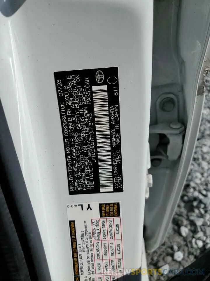 13 Photograph of a damaged car JTDACAAU7P3013193 TOYOTA PRIUS 2023