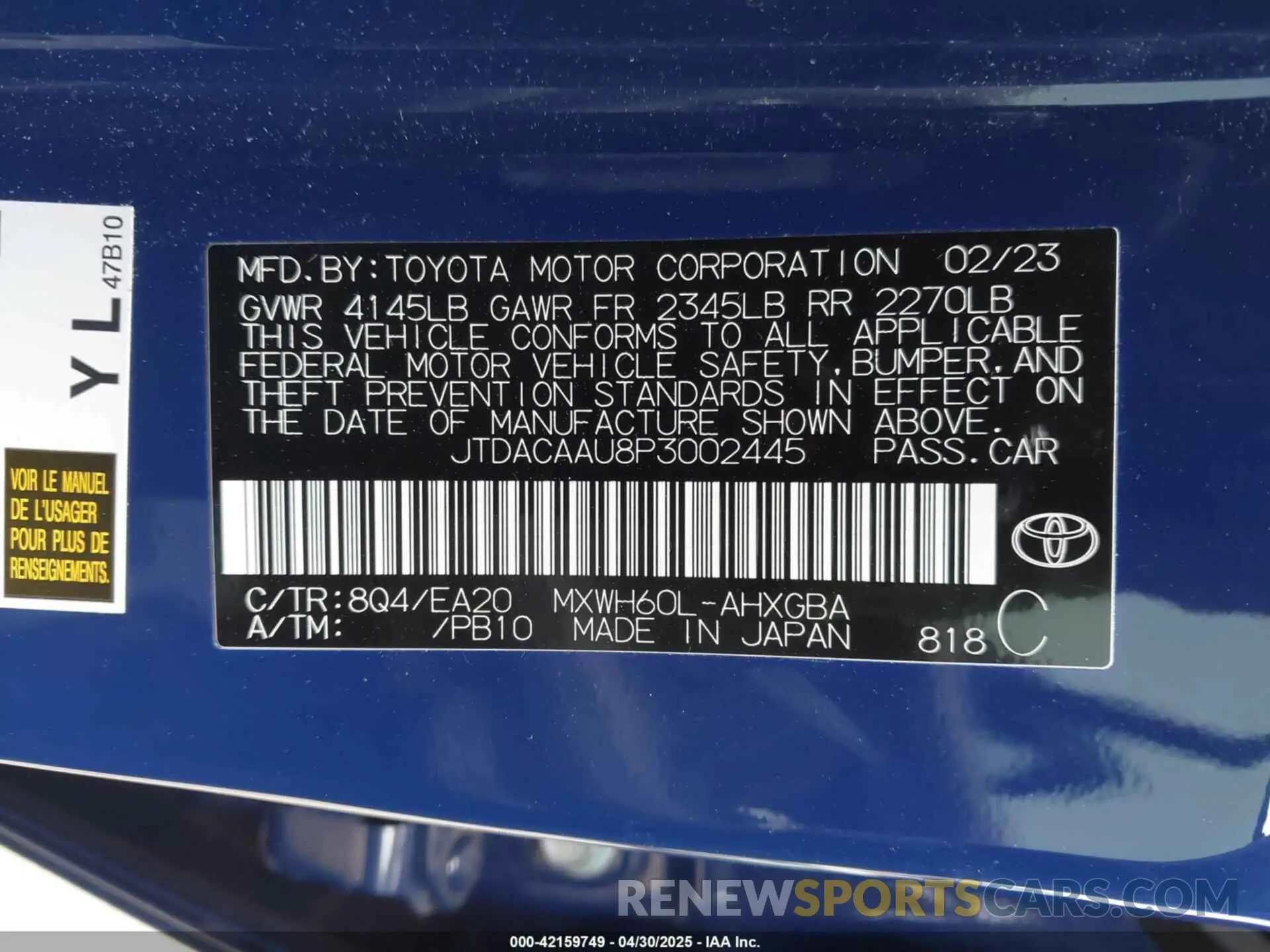 9 Photograph of a damaged car JTDACAAU8P3002445 TOYOTA PRIUS 2023