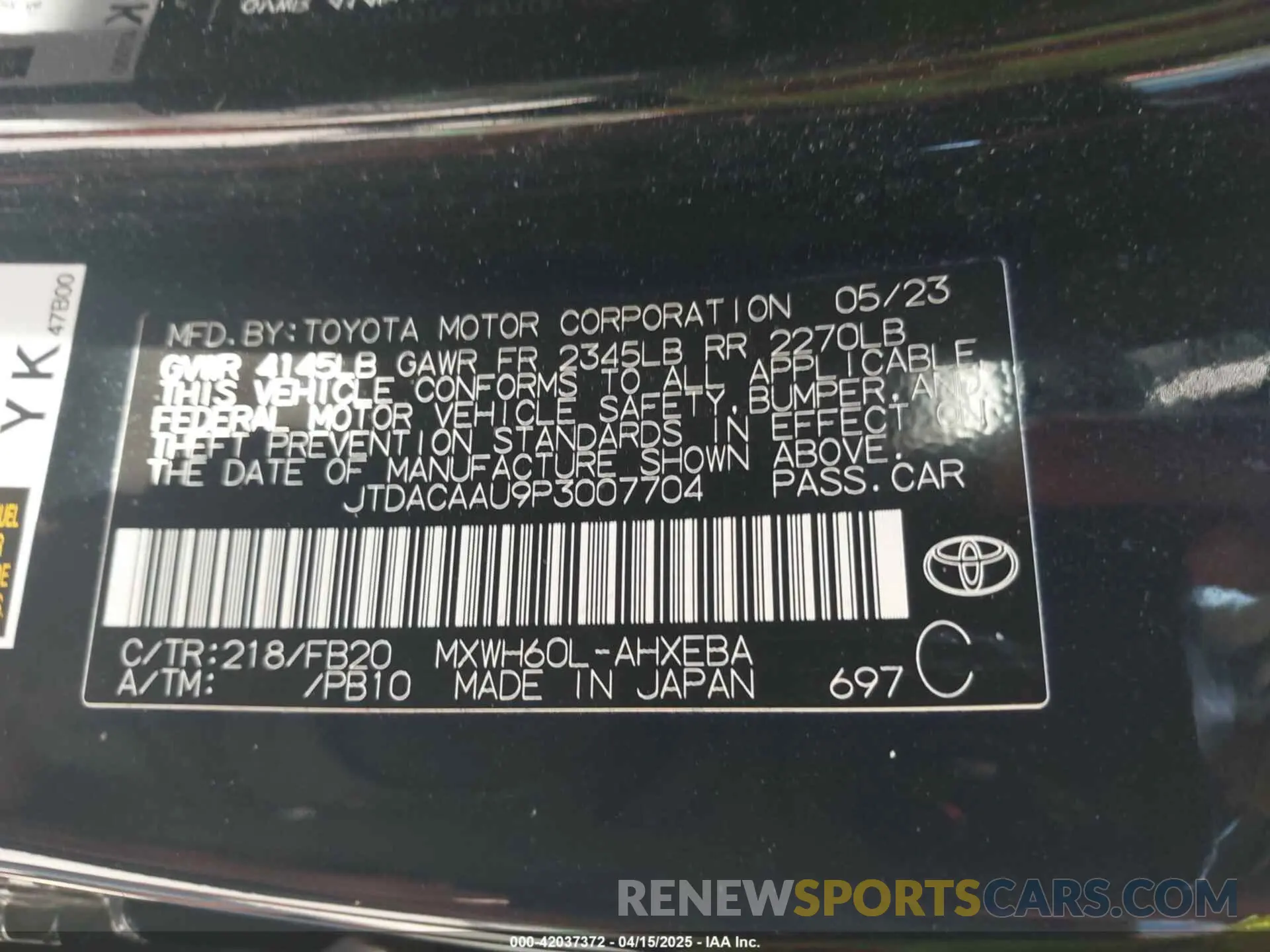 9 Photograph of a damaged car JTDACAAU9P3007704 TOYOTA PRIUS 2023