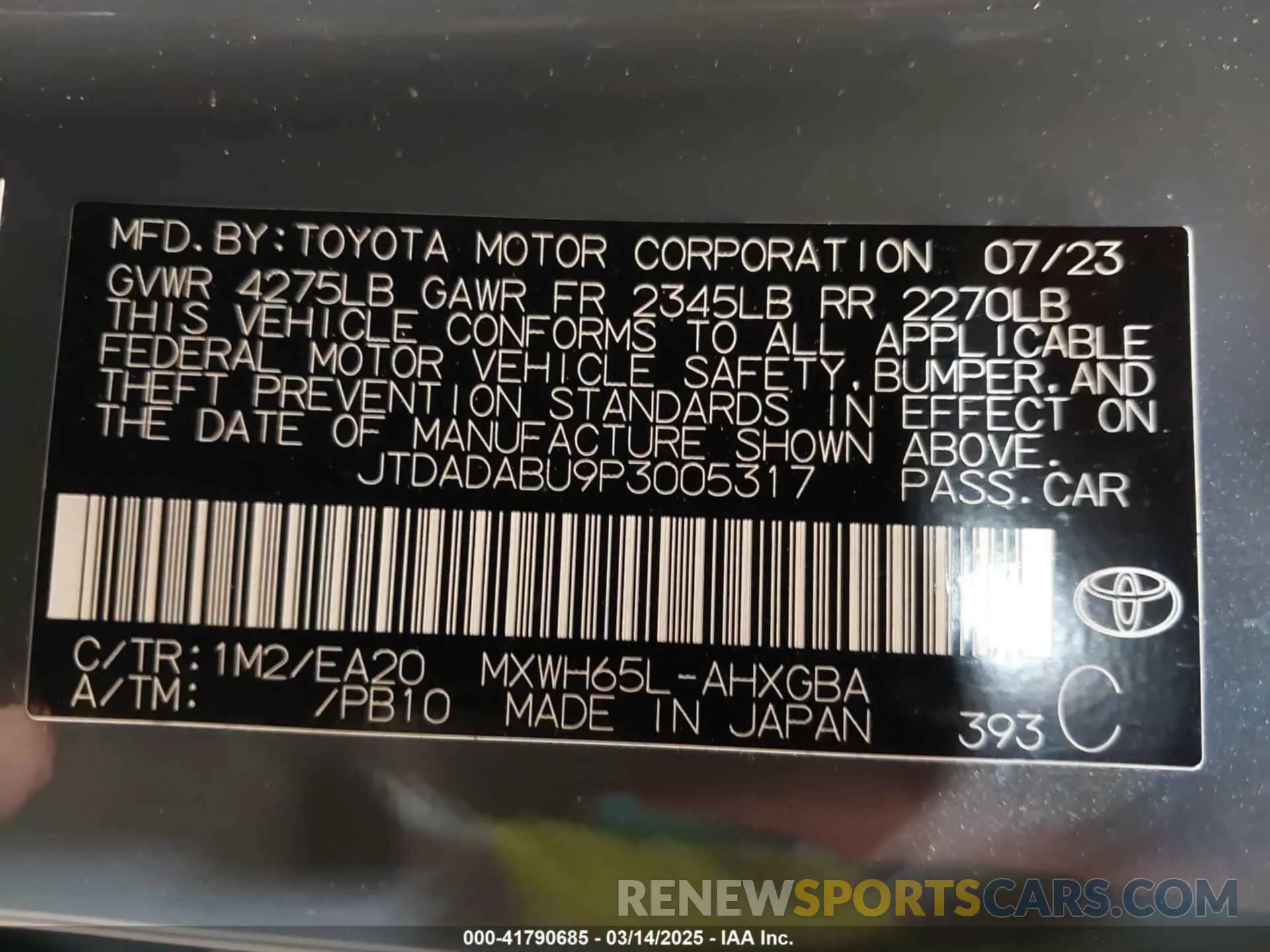 9 Photograph of a damaged car JTDADABU9P3005317 TOYOTA PRIUS 2023
