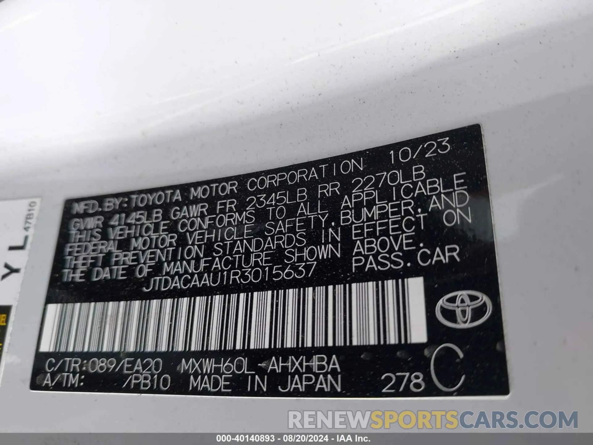 9 Photograph of a damaged car JTDACAAU1R3015637 TOYOTA PRIUS 2024