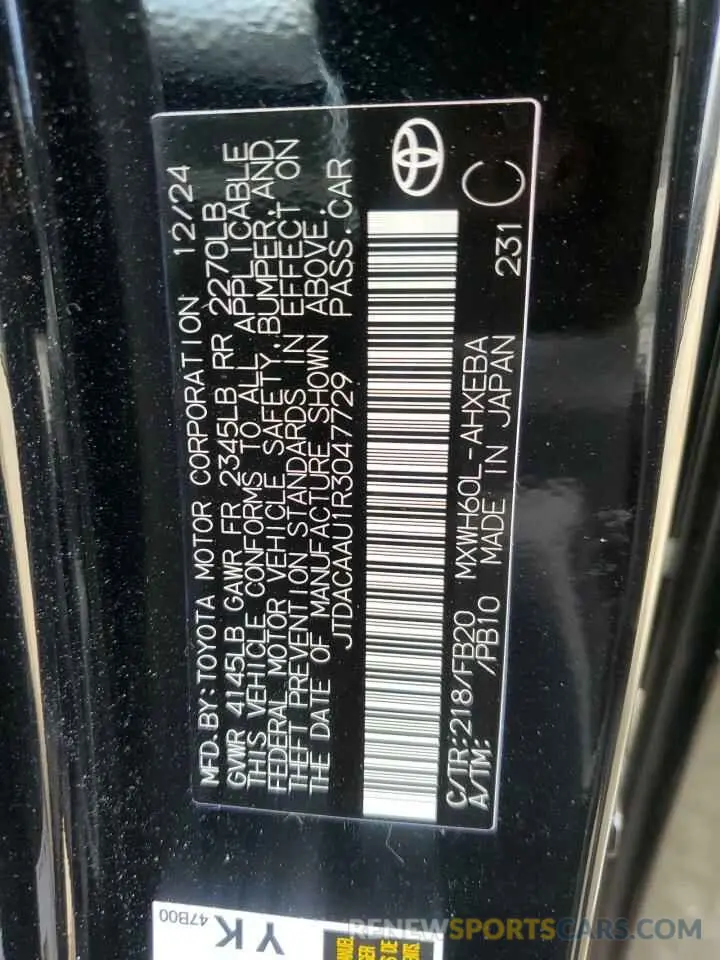 12 Photograph of a damaged car JTDACAAU1R3047729 TOYOTA PRIUS 2024