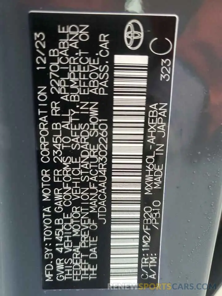 13 Photograph of a damaged car JTDACAAU4R3022601 TOYOTA PRIUS 2024