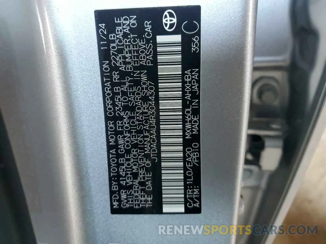 14 Photograph of a damaged car JTDACAAU4R3044307 TOYOTA PRIUS 2024