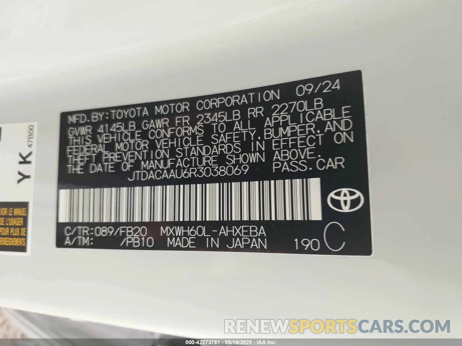 9 Photograph of a damaged car JTDACAAU6R3038069 TOYOTA PRIUS 2024