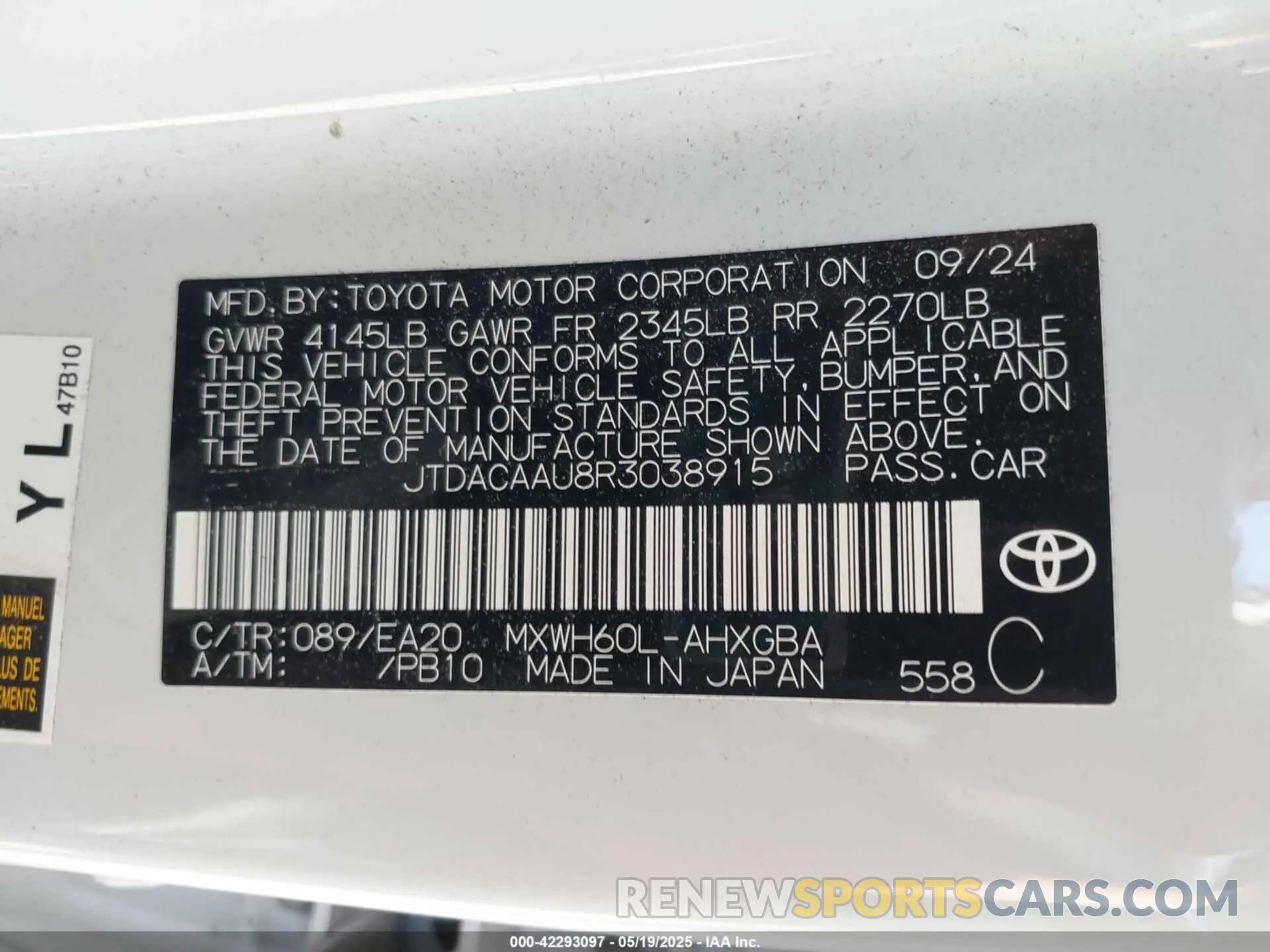 9 Photograph of a damaged car JTDACAAU8R3038915 TOYOTA PRIUS 2024
