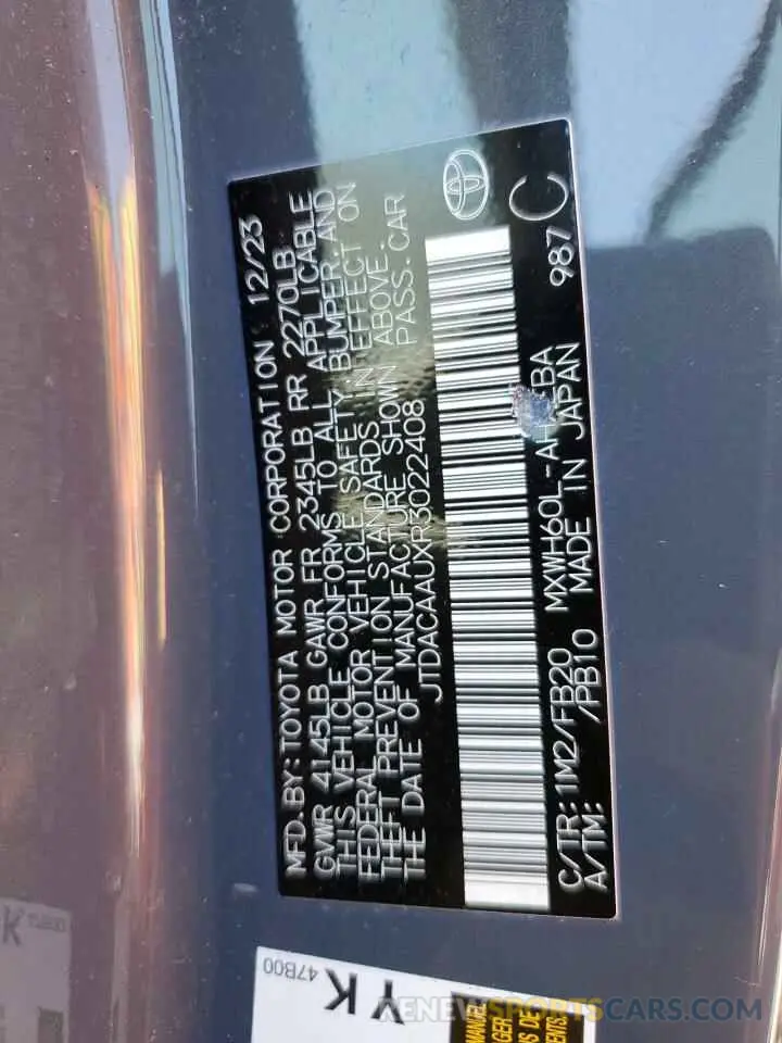 12 Photograph of a damaged car JTDACAAUXR3022408 TOYOTA PRIUS 2024