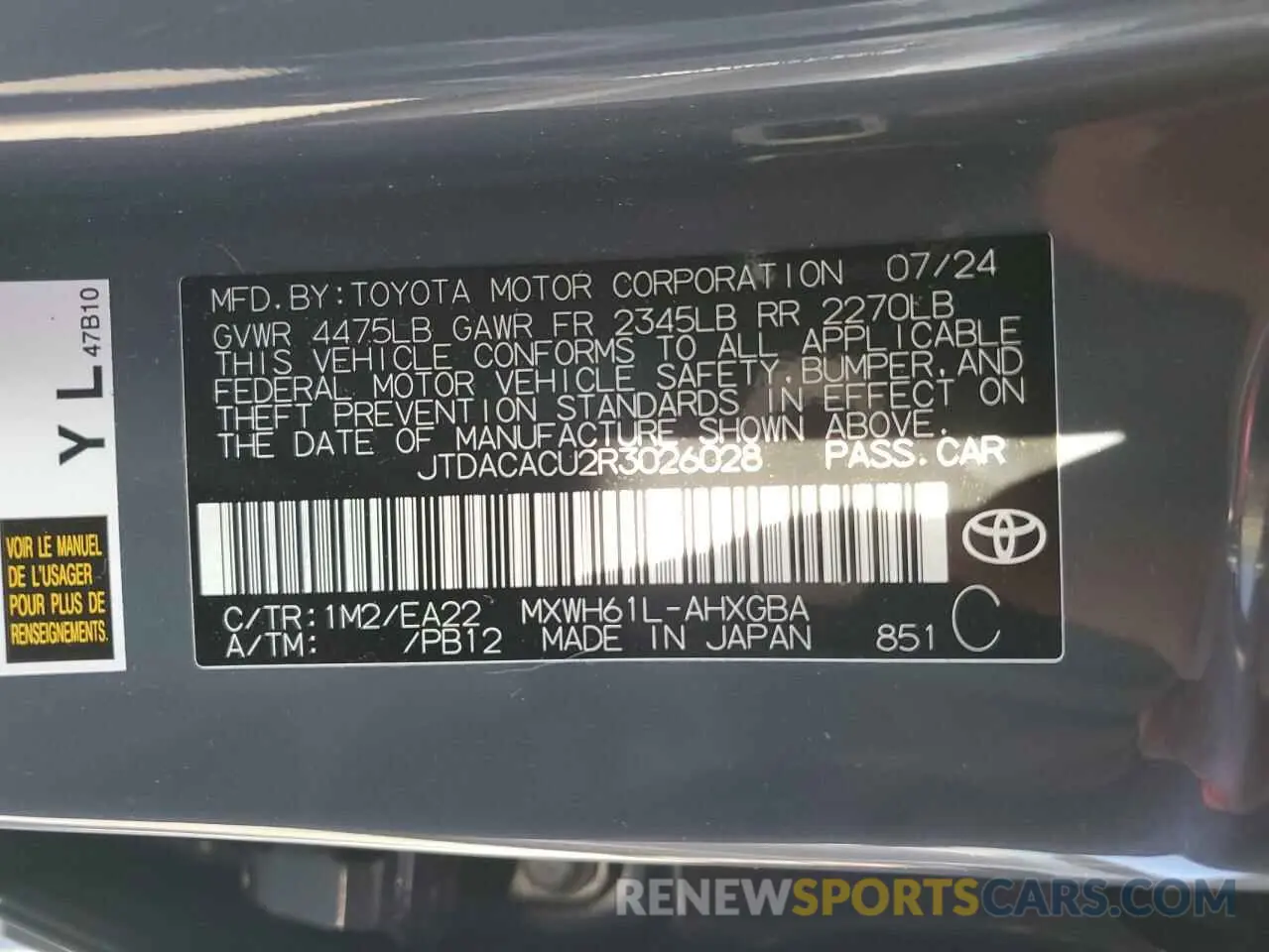 13 Photograph of a damaged car JTDACACU2R3026028 TOYOTA PRIUS 2024