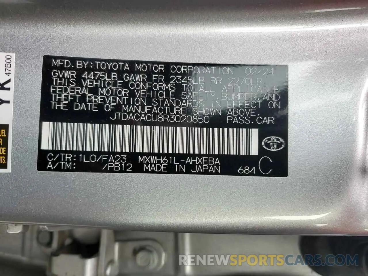 12 Photograph of a damaged car JTDACACU8R3020850 TOYOTA PRIUS 2024