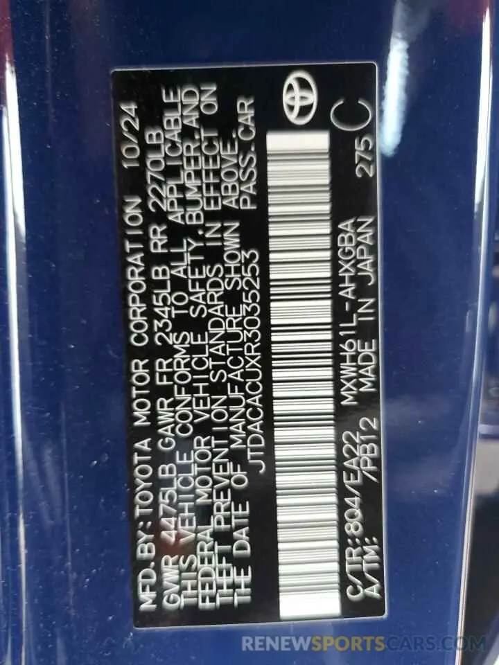 12 Photograph of a damaged car JTDACACUXR3035253 TOYOTA PRIUS 2024