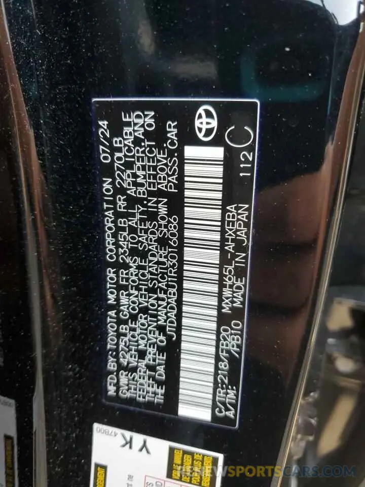 12 Photograph of a damaged car JTDADABU1R3016086 TOYOTA PRIUS 2024