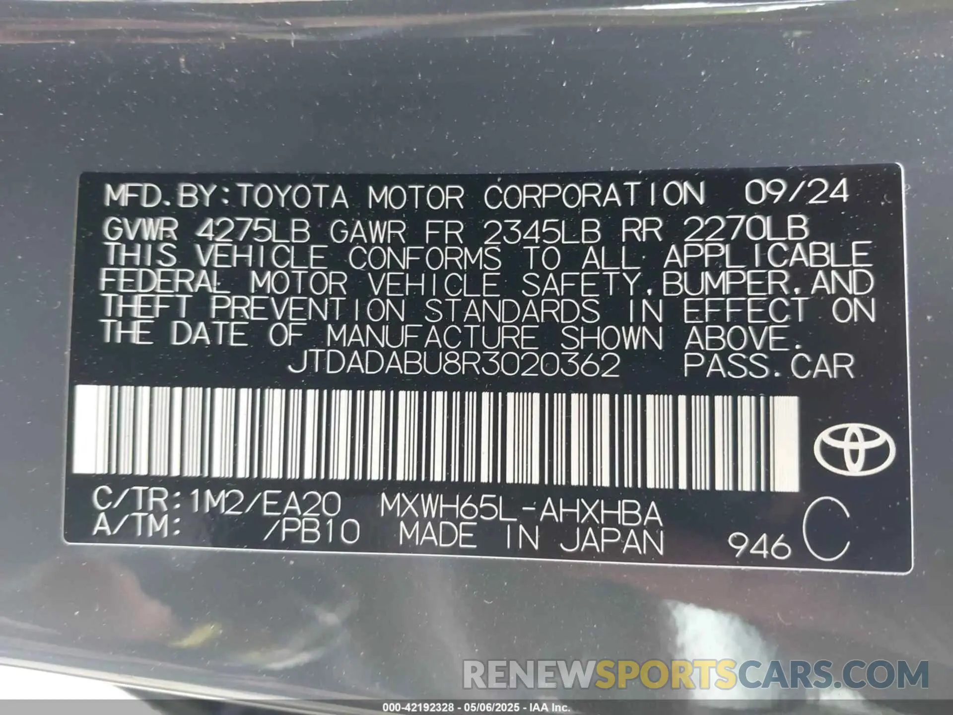 9 Photograph of a damaged car JTDADABU8R3020362 TOYOTA PRIUS 2024