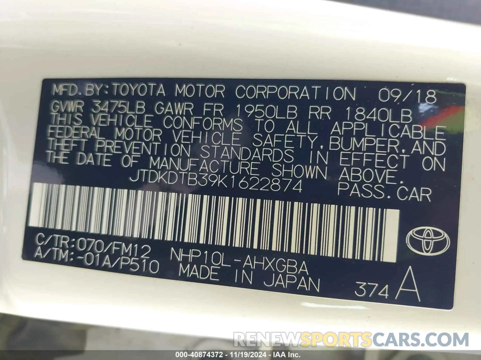 9 Photograph of a damaged car JTDKDTB39K1622874 TOYOTA PRIUS C 2019